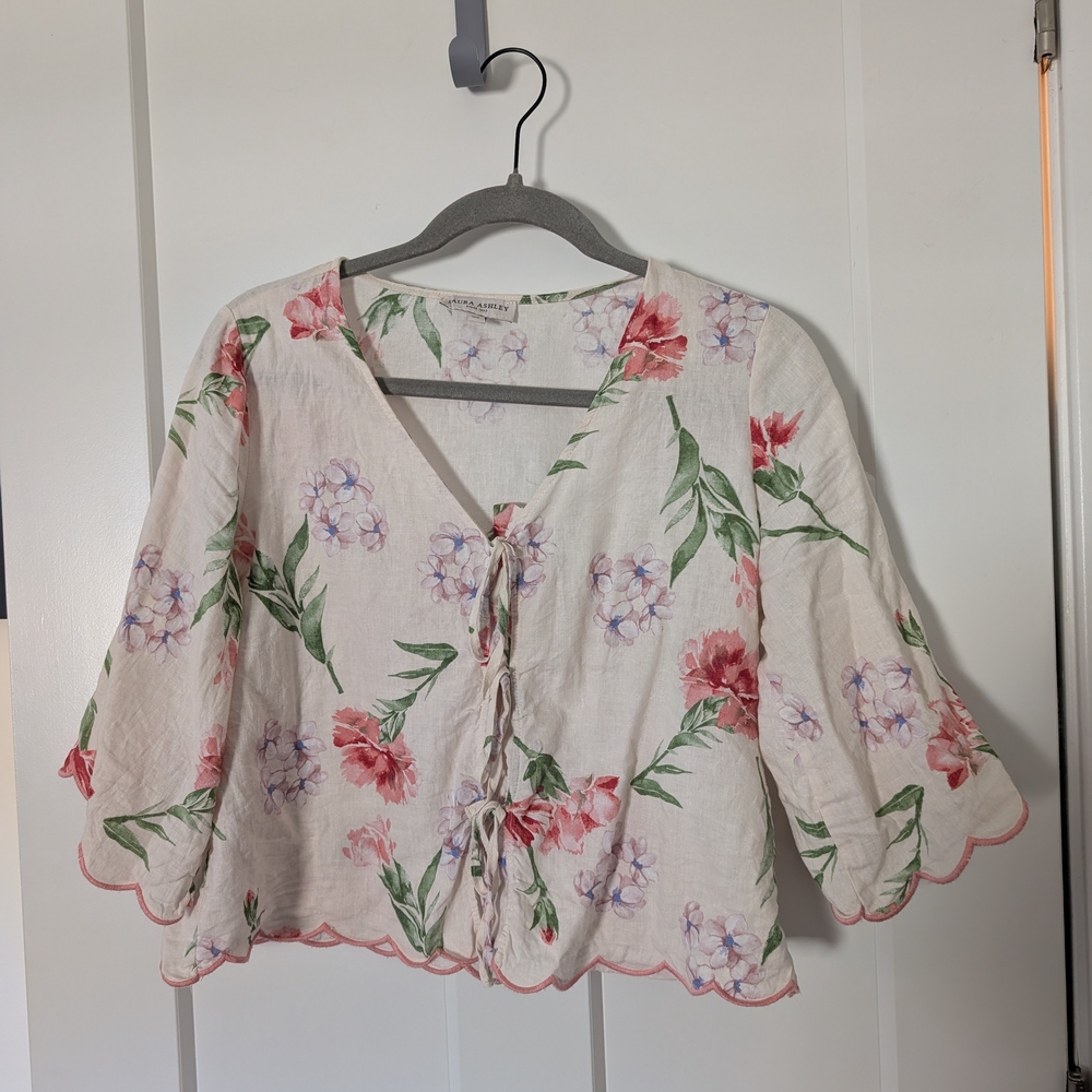 Laura Ashley Floral Tie-Front Blouse — Pink, Green & Lavender
